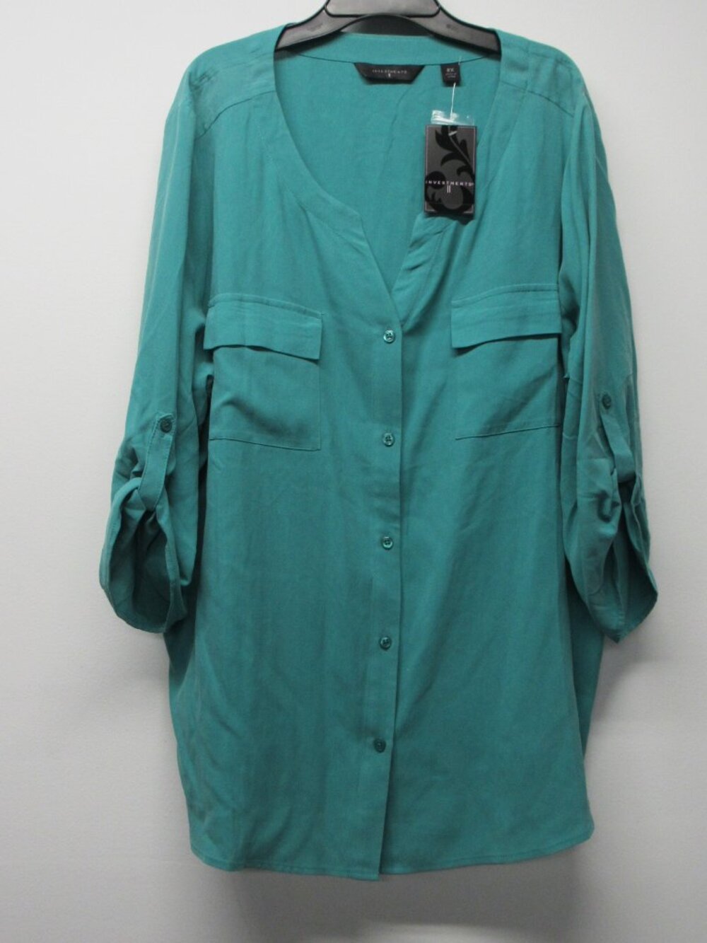 NWT Investments II 100% Washable Silk Tab Sleeve V Neck Blouse Plus sz 2X